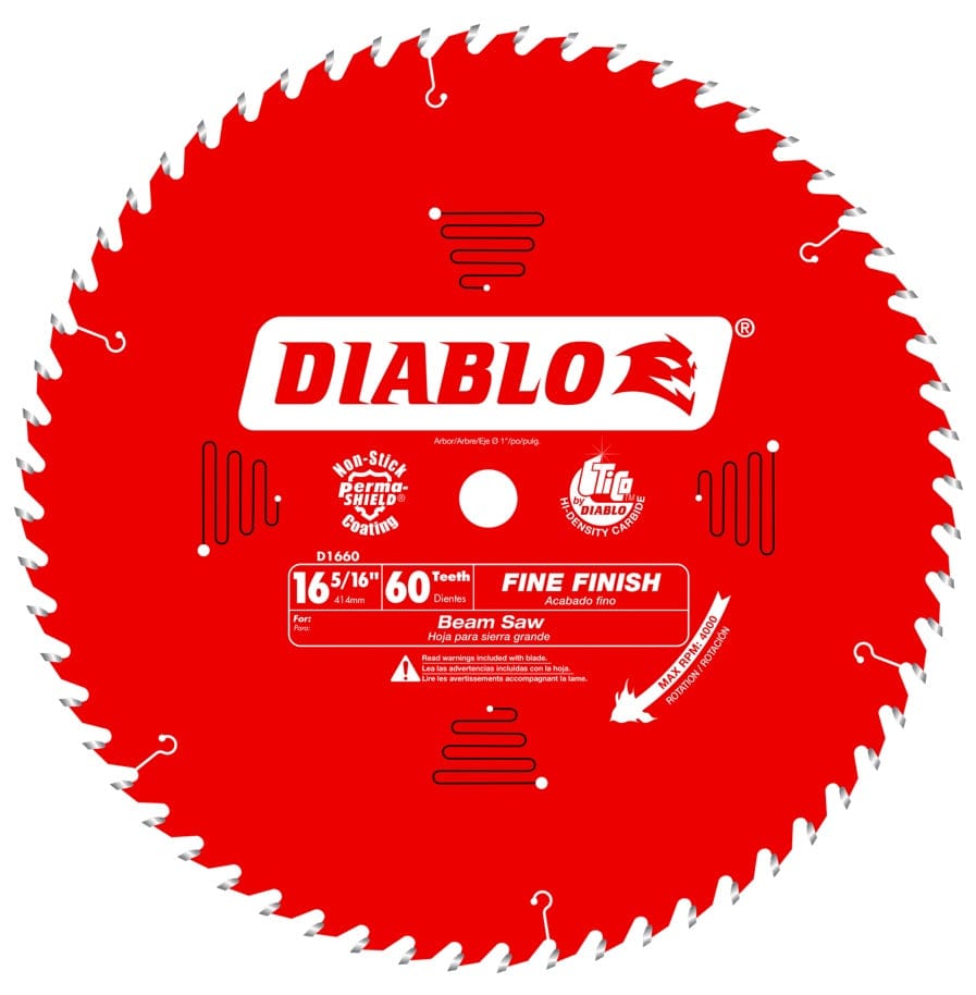 Front view of the red Diablo 16-5/16 inch fine finish beam saw blade featuring 60 carbide teeth, laser-cut stabilizer vents, and clear labeling for beam saw applications against a white background.