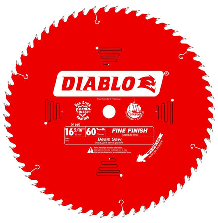 Front view of the red Diablo 16-5/16 inch fine finish beam saw blade featuring 60 carbide teeth, laser-cut stabilizer vents, and clear labeling for beam saw applications against a white background.