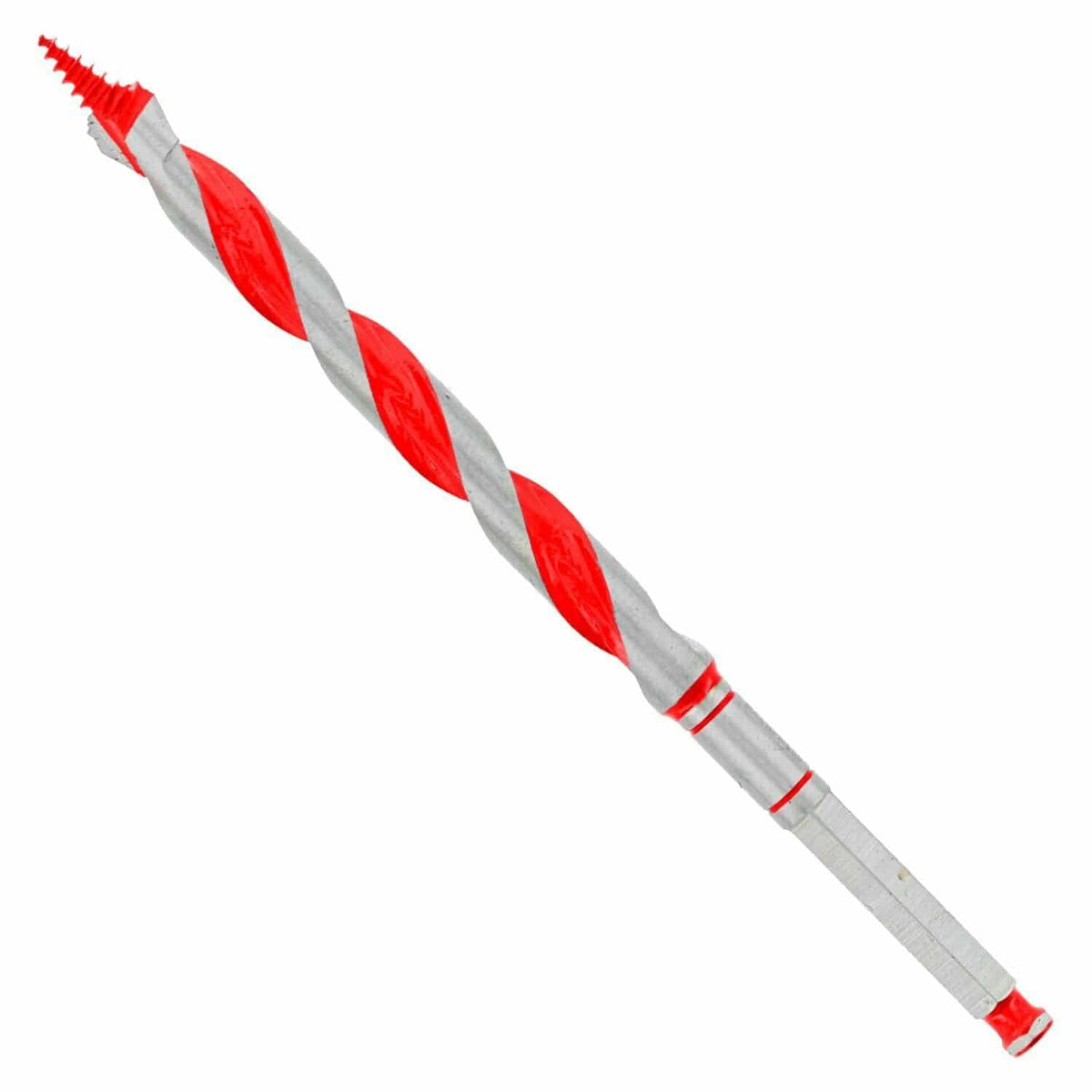 Diablo 1/2" auger drill bit with red and silver helical flutes, threaded screw tip, and squared hex shank. Designed for drilling clean, deep holes in wood and nail-embedded wood using cordless or corded impact drivers. Ideal for framing, carpentry, and utility installations.