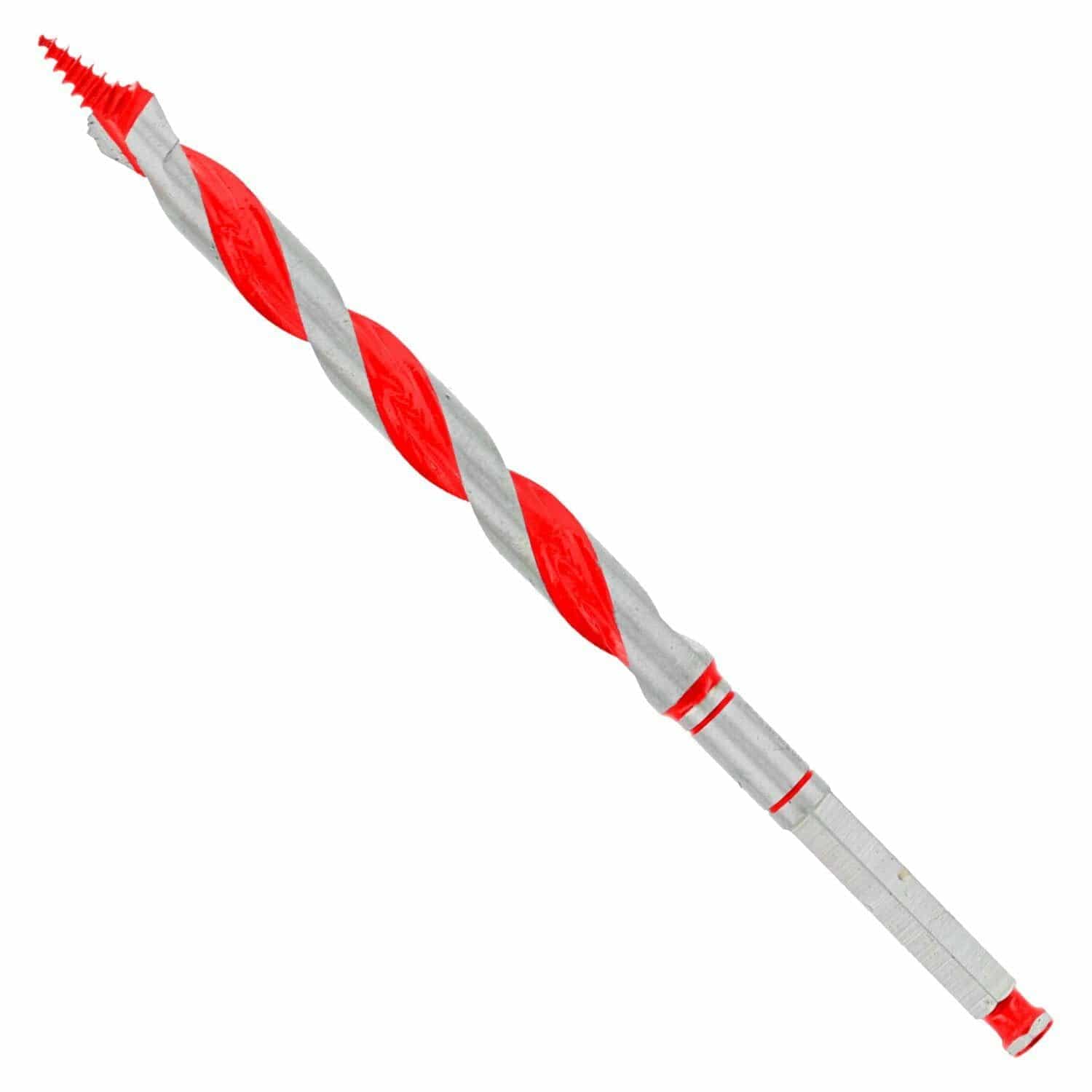 Diablo 1/2" auger drill bit with red and silver helical flutes, threaded screw tip, and squared hex shank. Designed for drilling clean, deep holes in wood and nail-embedded wood using cordless or corded impact drivers. Ideal for framing, carpentry, and utility installations.