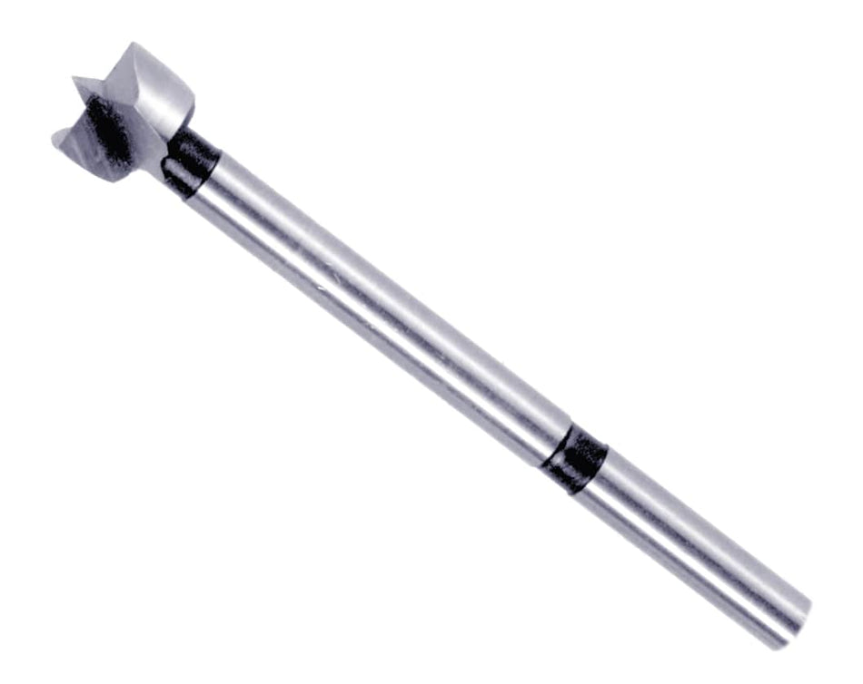 Studio shot of a Diablo 1/2 inch high-speed steel Forstner bit angled diagonally, highlighting the sharp center spur, double-ground serrated edge, and smooth cylindrical shank against a white background.