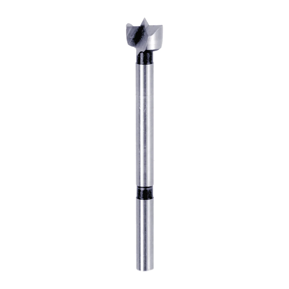 Studio shot of a Diablo 1/2 inch high-speed steel Forstner bit angled diagonally, highlighting the sharp center spur, double-ground serrated edge, and smooth cylindrical shank against a white background.
