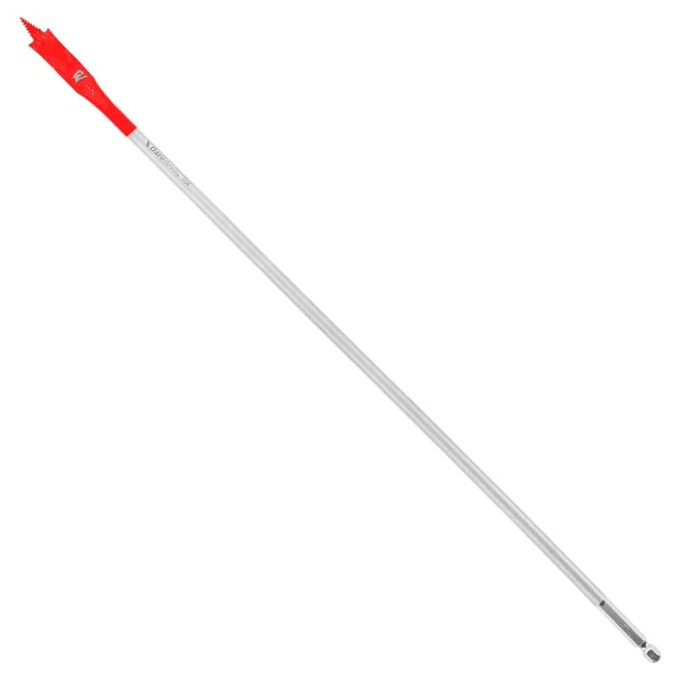 A Diablo 1/2-inch diameter x 16-inch extended reach SPEEDemon wood spade bit featuring a red SPEED-TIP self-feeding threaded design and 1/4-inch Impact Strong hex shank.