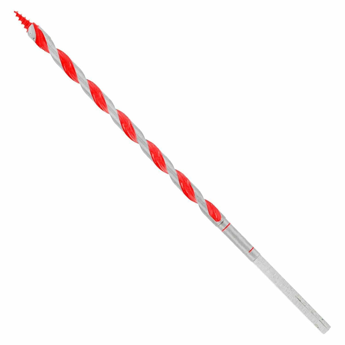 Diablo 1/4-inch auger bit with red and silver spiral flutes, threaded Dura-Tip, and hex shank for drilling wood and nail-embedded surfaces.