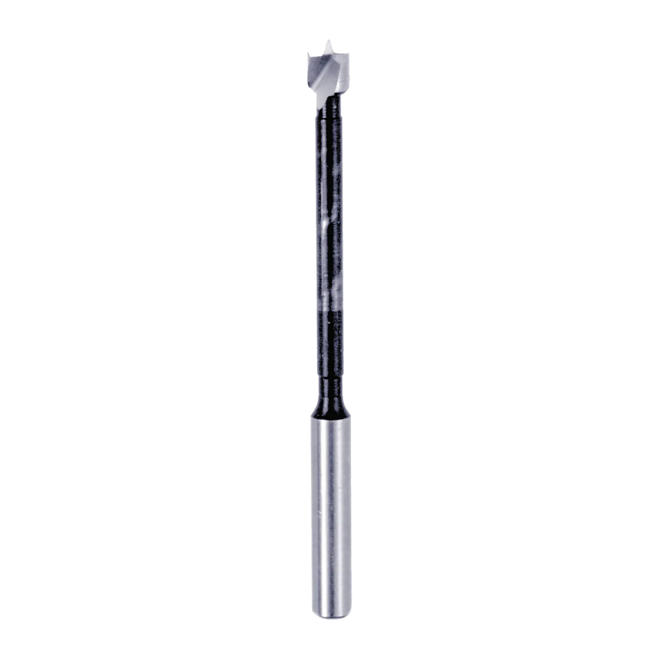 Studio shot of a Diablo 1/4 inch high-speed steel Forstner bit angled diagonally, featuring a slim profile with a sharp center spur and smooth cylindrical shank against a white background.