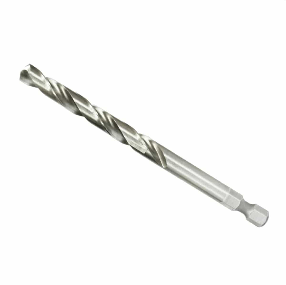 A studio shot of the Diablo 1/4-inch by 3-7/8-inch bi-metal hole saw pilot drill bit, displaying its silver precision-milled flutes and 1/4-inch hex shank.