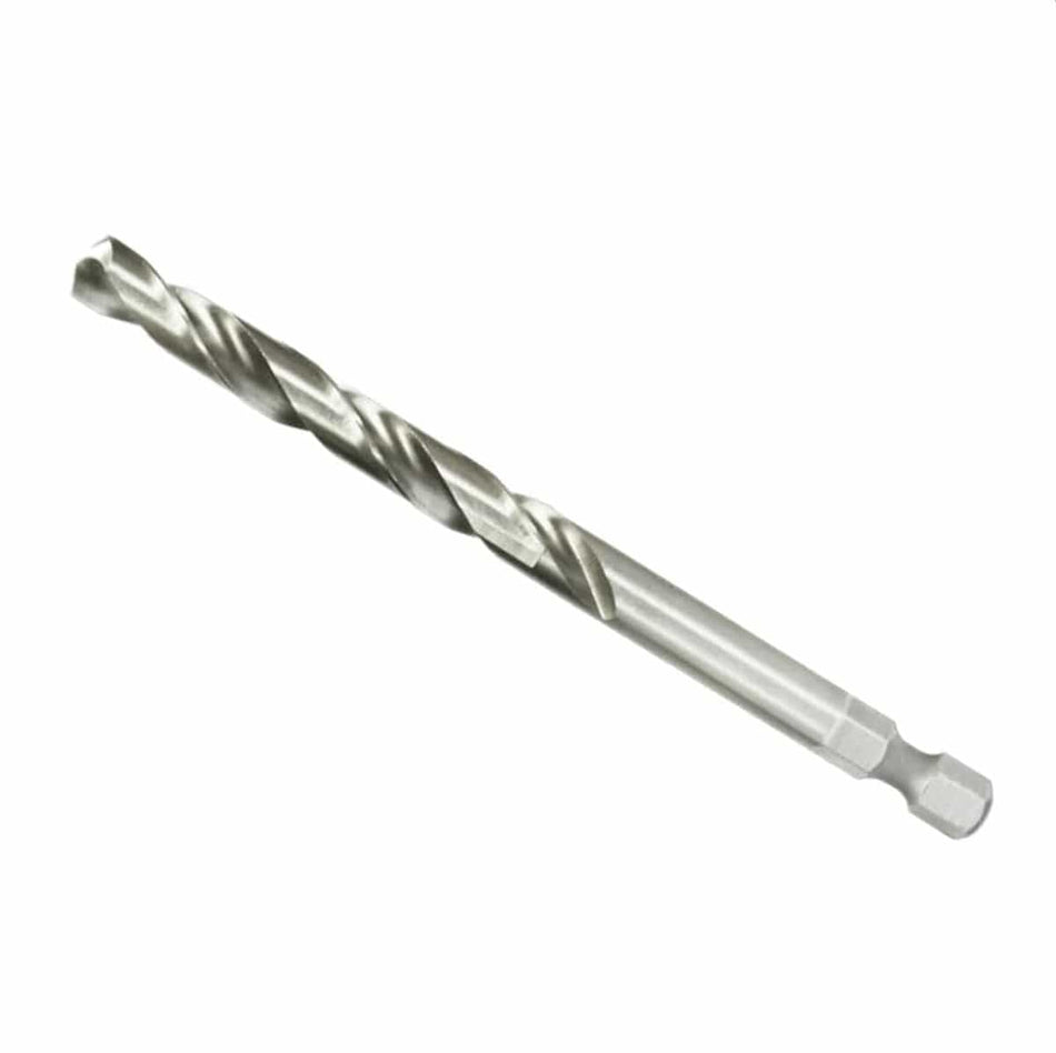 A studio shot of the Diablo 1/4-inch by 3-7/8-inch bi-metal hole saw pilot drill bit, displaying its silver precision-milled flutes and 1/4-inch hex shank.