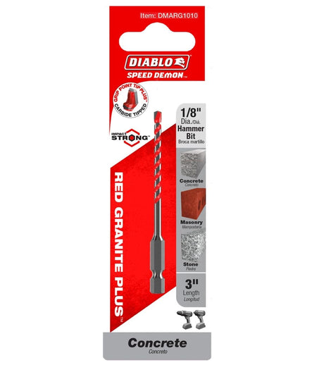 Retail packaging for the Diablo DMARG1010 1/8-inch hammer bit highlighting 4X longer life, Impact Strong hex shank, and suitability for concrete, masonry, and stone.