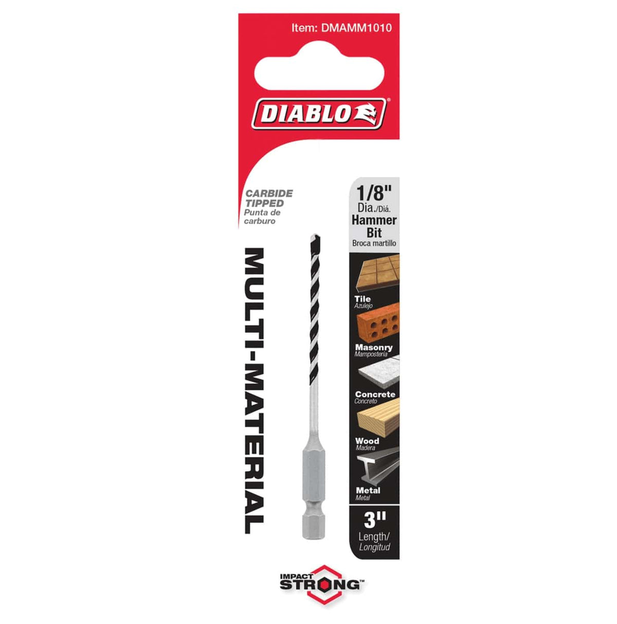 A professional retail shot of the 1/8 inch Diablo multi-material hammer drill bit in its original hanging card packaging. The design prominently highlights the carbide-tipped point, the 3 inch total length, and icons representing its compatibility with tile, masonry, concrete, wood, and metal.