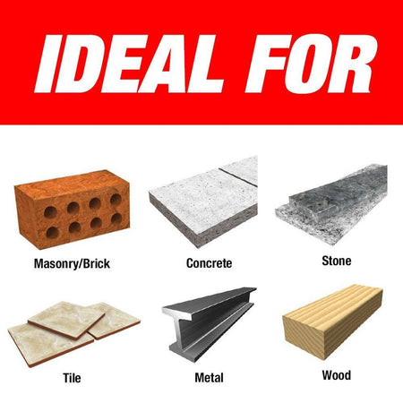 A materials application graphic titled IDEAL FOR, illustrating the versatile use cases for the Diablo multi-material bit. High-quality icons showcase its effectiveness in masonry and brick, concrete, stone, ceramic tile, structural metal, and clean wood.