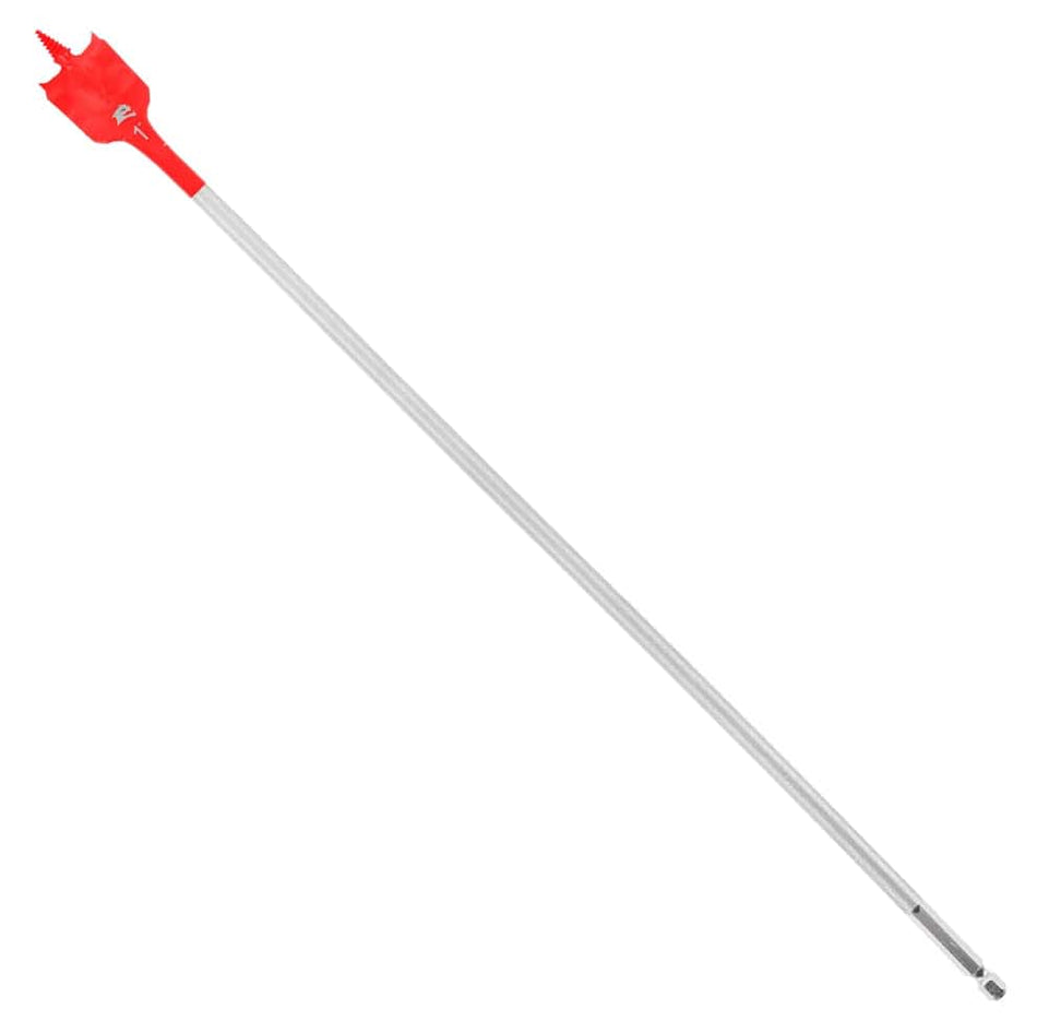 Individual Diablo 1-inch diameter by 16-inch extended reach SPEEDemon wood spade bit featuring a red SPEED-TIP self-feeding threaded design and 1/4-inch Impact Strong hex shank.