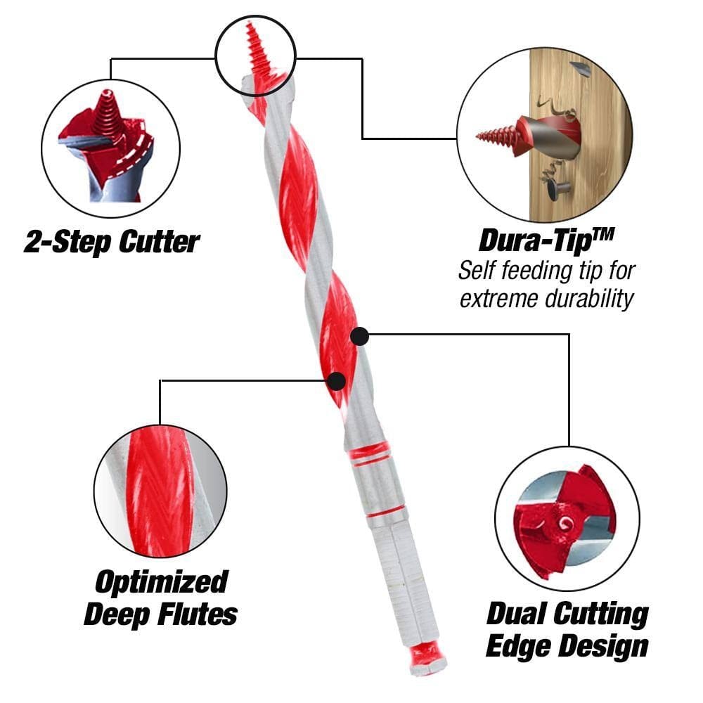 Technical diagram of the Diablo auger bit showcasing the 2-step cutter, self-feeding Dura-Tip, optimized deep flutes, and dual cutting edge design.