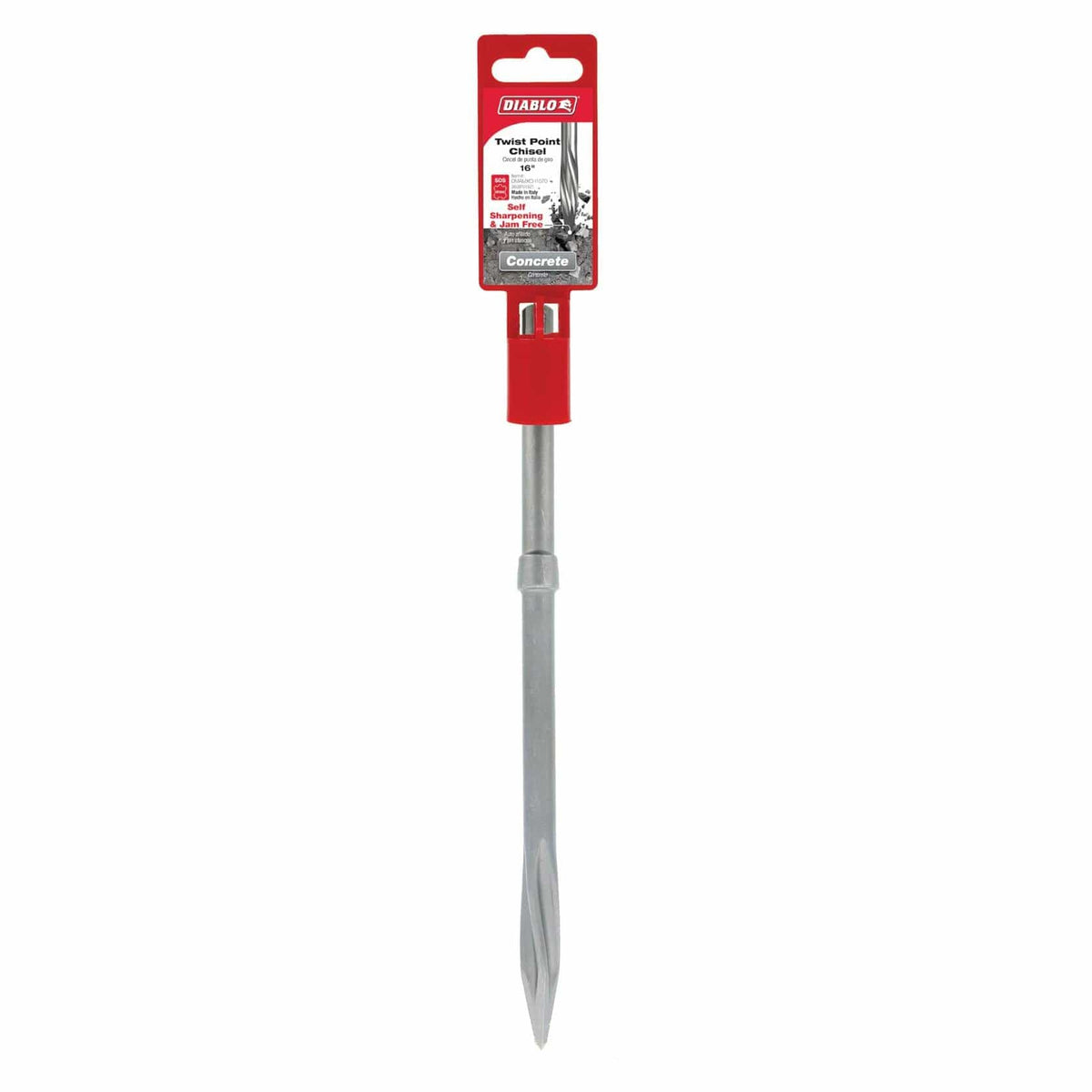 The Diablo 1x16 inch SDS-Max twist point chisel shown in its red and black retail hanging package.