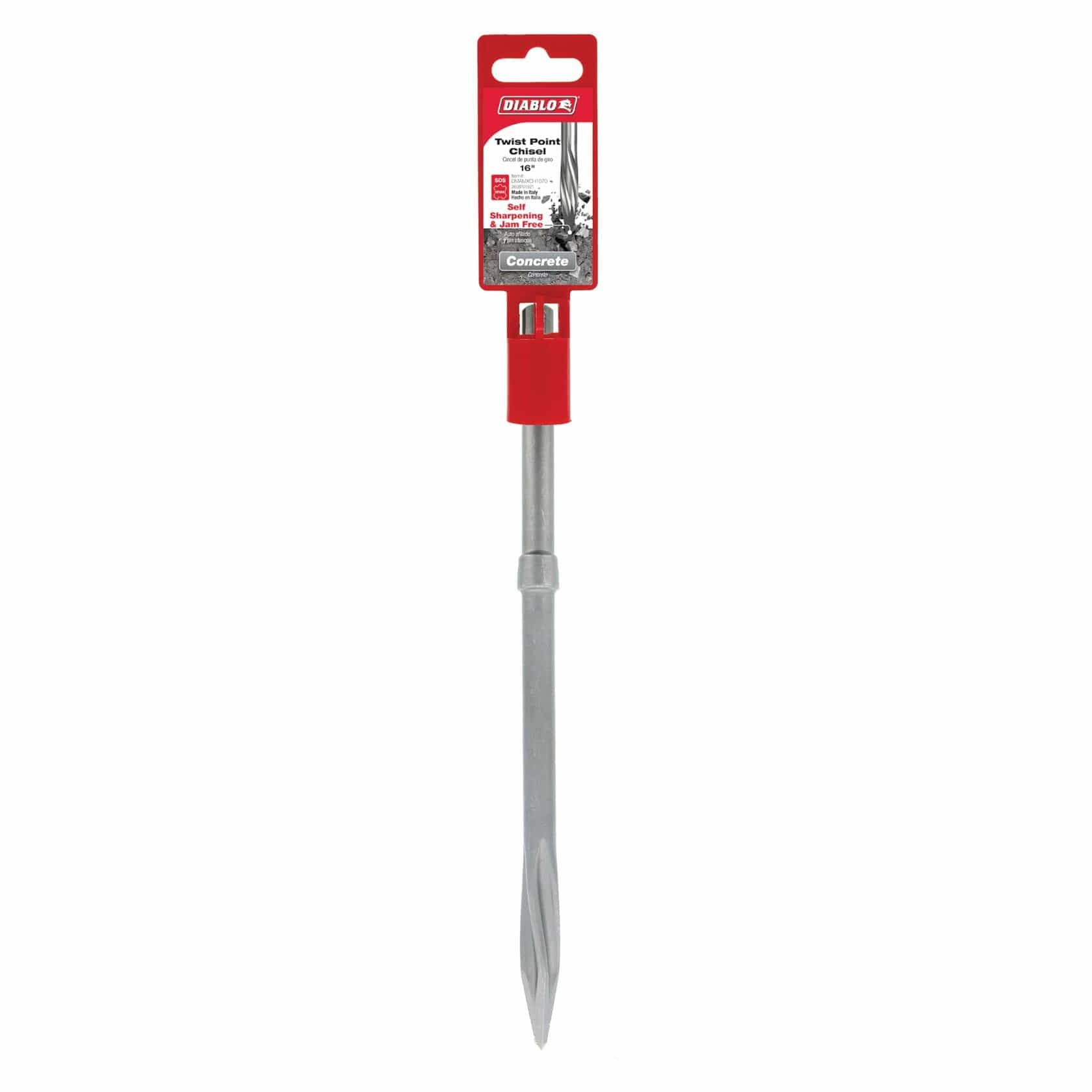 The Diablo 1x16 inch SDS-Max twist point chisel shown in its red and black retail hanging package.