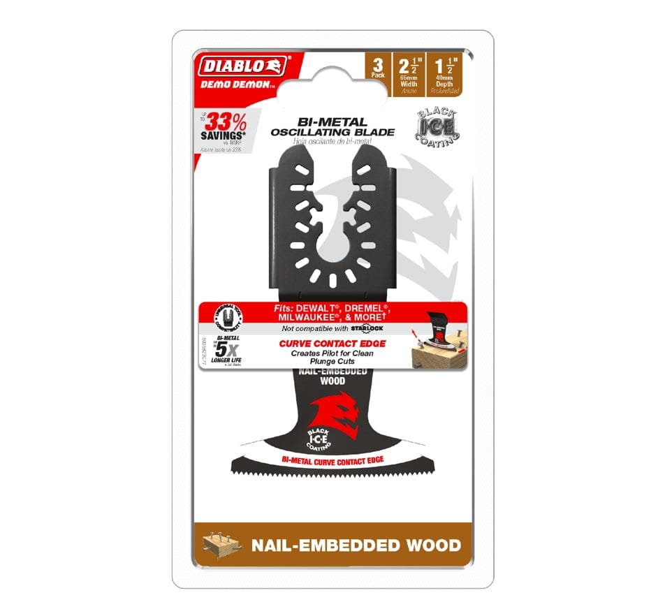 Retail packaging for the Diablo DOU250BW3 3-pack of oscillating blades highlighting up to 33 percent savings, 5X longer life, and a curve contact edge for clean plunge cuts.