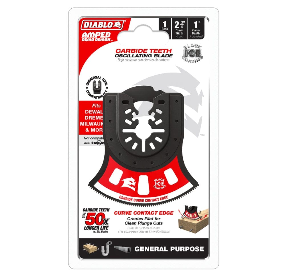 Retail packaging for the Diablo DOU275RCGP oscillating blade highlighting a 50X longer cutting life and universal tool compatibility for general purpose use.