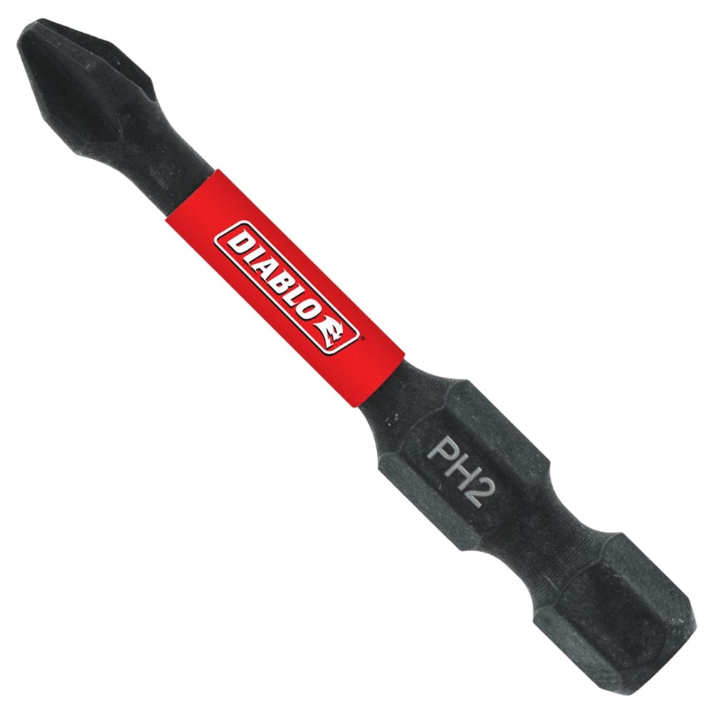 Close-up angled view of a Diablo PH2 impact bit showing the black Phillips tip, red branding sleeve, and hex shank