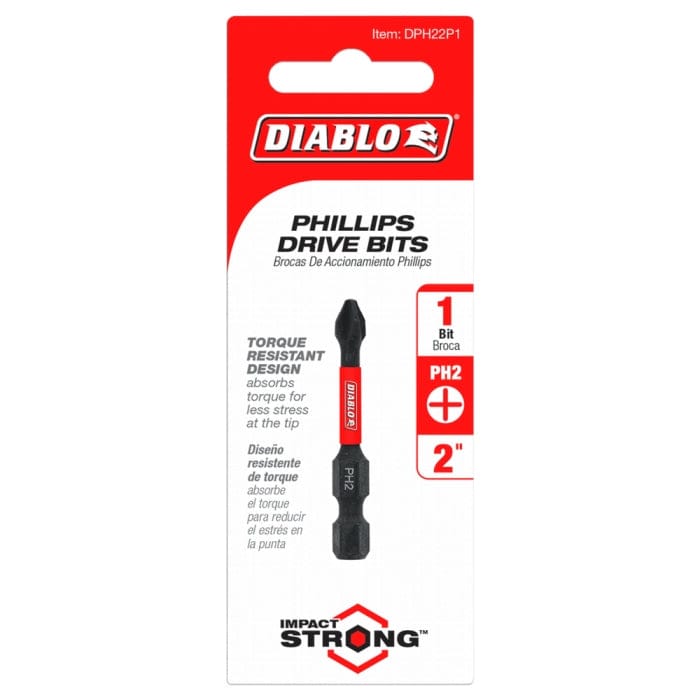 Retail packaging for Diablo Phillips Drive Bits displaying a single 2-inch PH2 bit with Impact Strong and Torque Resistant Design specifications
