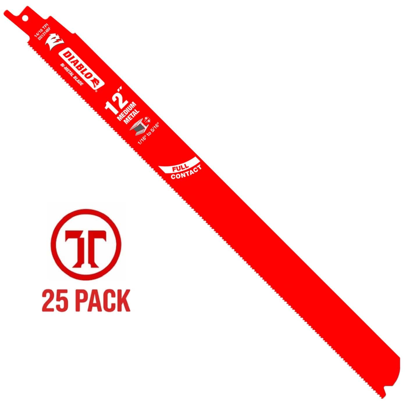 A studio shot of a single red Diablo DS1214BF 12-inch 14/18 TPI bi-metal reciprocating saw blade.