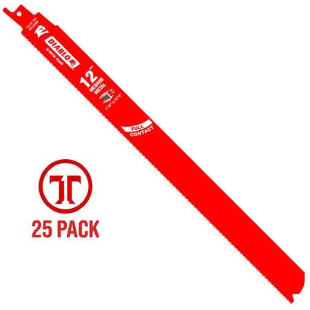 A studio shot of a single red Diablo DS1214BF 12-inch 14/18 TPI bi-metal reciprocating saw blade.