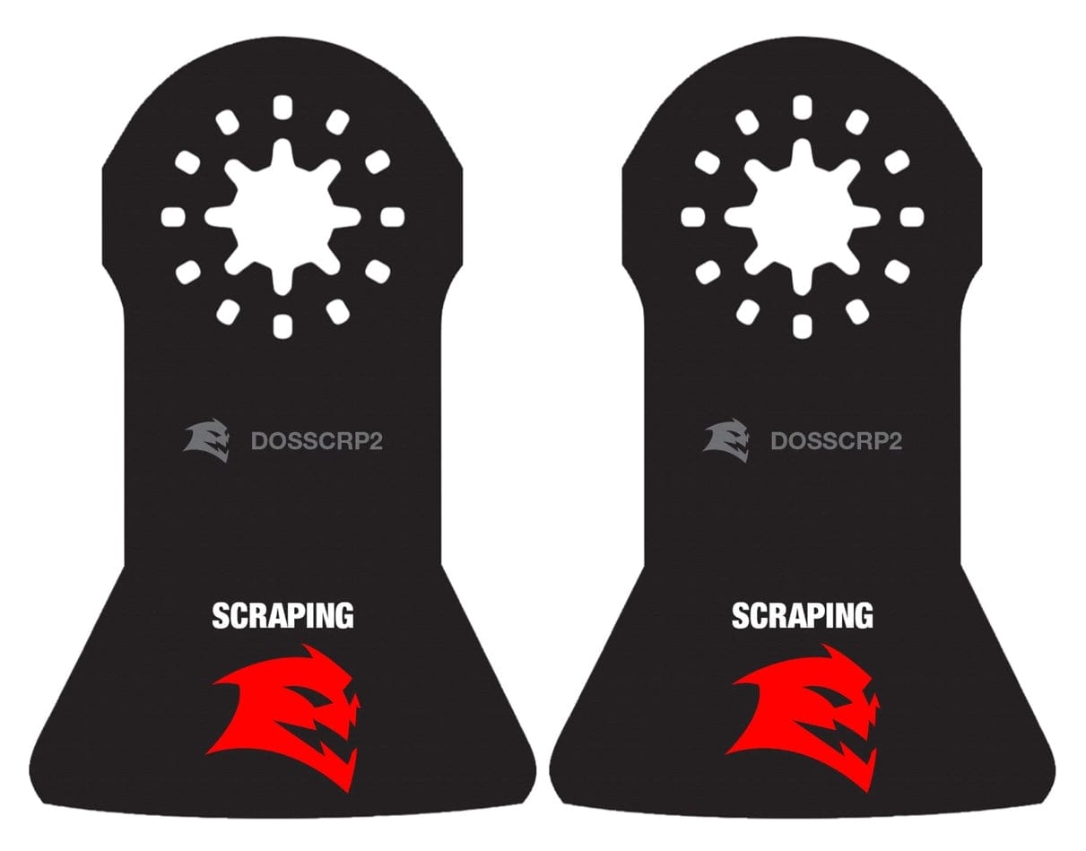 Two Diablo Starlock high carbon steel oscillating scraper blades featuring a wide scraping edge and the red Diablo logo for professional adhesive removal.