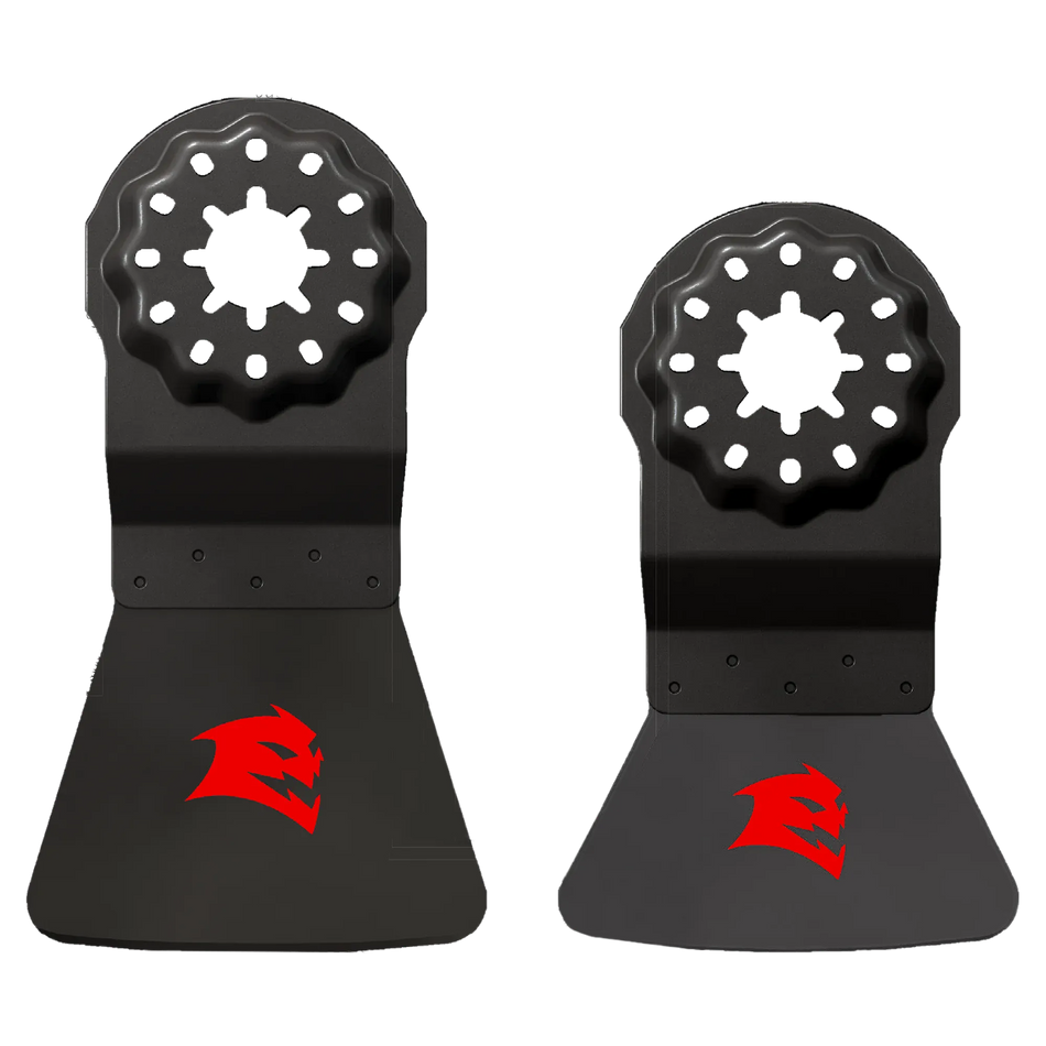 Two Diablo Starlock high carbon steel oscillating scraper blades featuring a wide scraping edge and the red Diablo logo for professional adhesive removal.