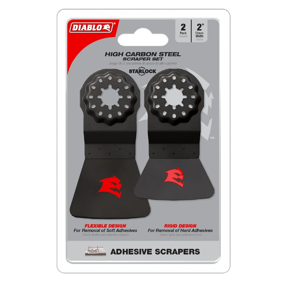 Retail packaging for the Diablo DOSSCRP2 2-piece high carbon steel scraper set highlighting a 2-inch width with both a flexible design for soft adhesives and a rigid design for hard adhesives.