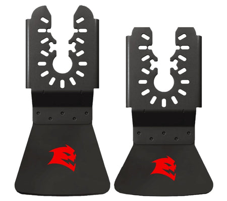 Two individual Diablo universal fit high carbon steel oscillating scraper blades with a wide scraping edge and the red Diablo logo for professional adhesive removal.