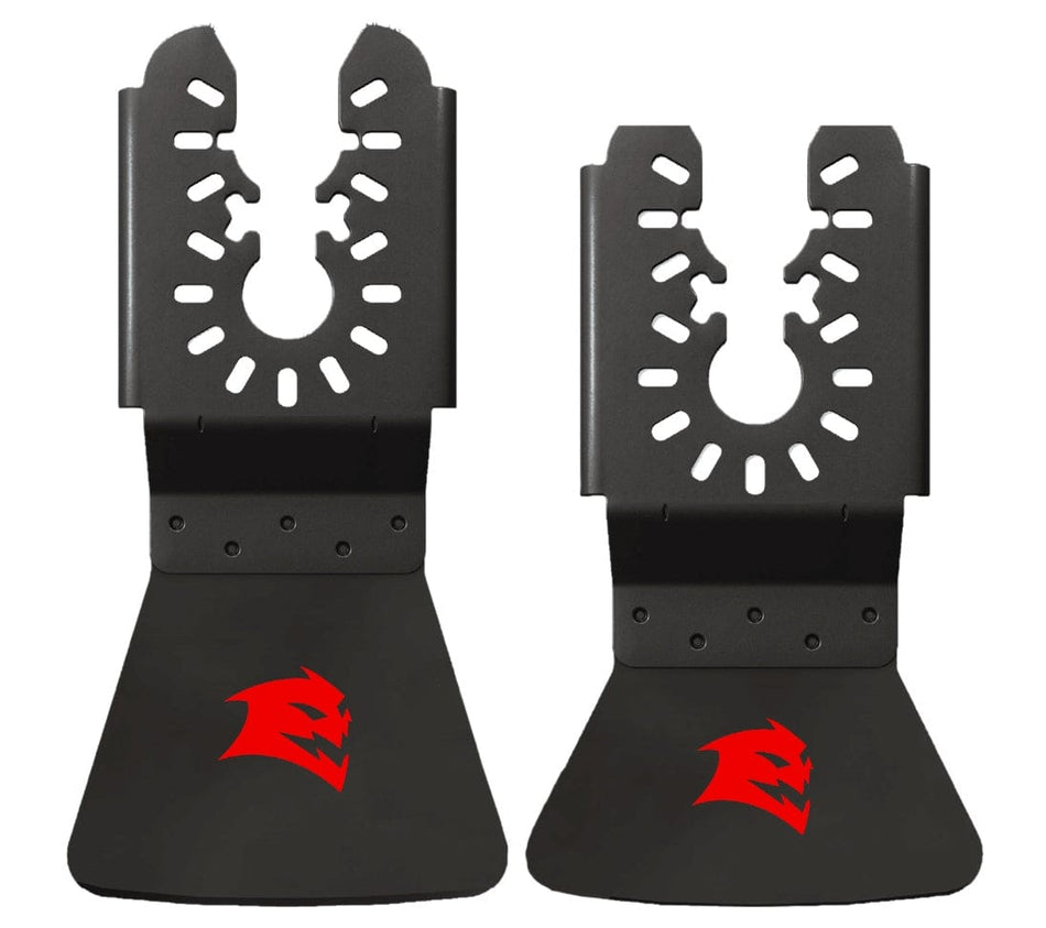 Two individual Diablo universal fit high carbon steel oscillating scraper blades with a wide scraping edge and the red Diablo logo for professional adhesive removal.