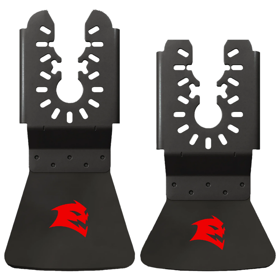 Two individual Diablo universal fit high carbon steel oscillating scraper blades with a wide scraping edge and the red Diablo logo for professional adhesive removal.