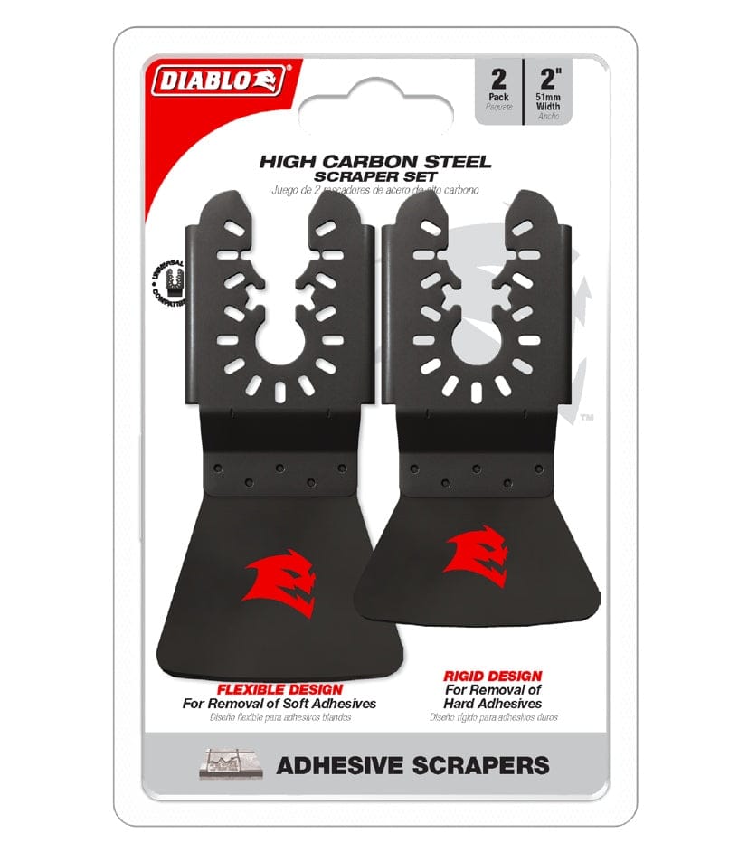 Retail packaging for the Diablo DOUSCRP2 2-piece high carbon steel scraper set highlighting a 2-inch width with both a flexible design for soft adhesives and a rigid design for hard adhesives.