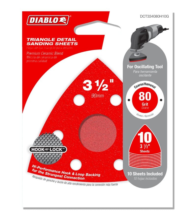 Retail packaging for the Diablo 10-pack of 80-grit coarse triangular detail sanding sheets highlighting the Hook and Lock backing and oscillating tool compatibility.