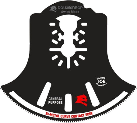 Individual Diablo 3-1/2 inch Demo Demon bi-metal oscillating multi-tool blade for general purpose cutting featuring a Curve Contact Edge and Black I.C.E. coating.