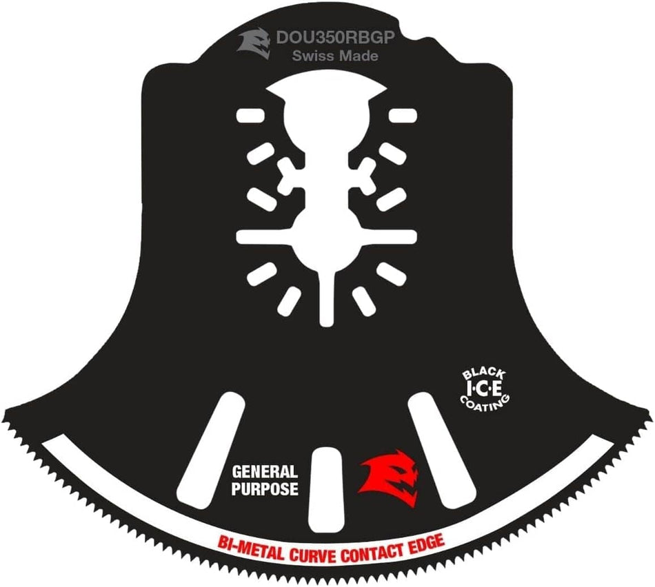 Individual Diablo 3-1/2 inch Demo Demon bi-metal oscillating multi-tool blade for general purpose cutting featuring a Curve Contact Edge and Black I.C.E. coating.