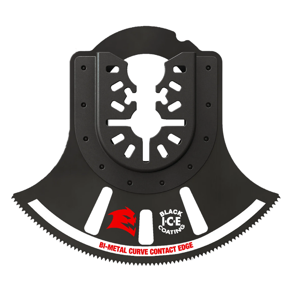 Individual Diablo 3-1/2 inch Demo Demon bi-metal oscillating multi-tool blade for general purpose cutting featuring a Curve Contact Edge and Black I.C.E. coating.