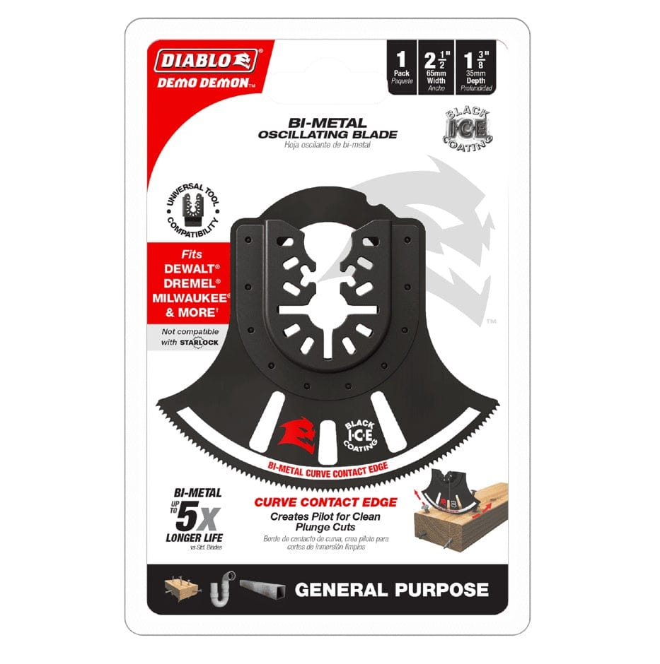 Retail packaging for the Diablo DOU350RBGP universal fit oscillating blade highlighting a 3-1/2 inch width, 5X longer life, and compatibility with DeWalt, Milwaukee, and Makita tools.