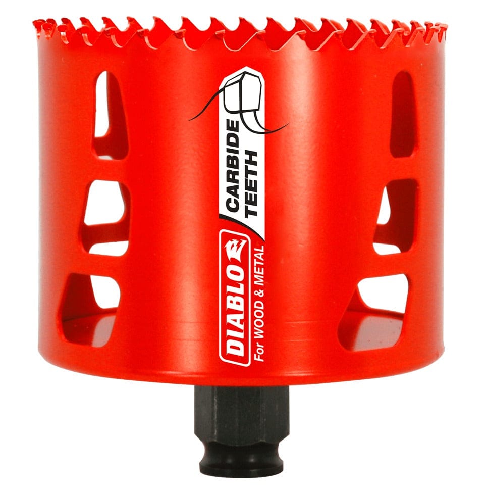 Studio shot of the red Diablo DHS3250CT 3-1/4 inch carbide hole saw featuring large side slots and clear branding for wood and metal cutting applications against a white background.