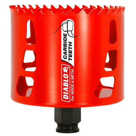 Studio shot of the red Diablo DHS3250CT 3-1/4 inch carbide hole saw featuring large side slots and clear branding for wood and metal cutting applications against a white background.