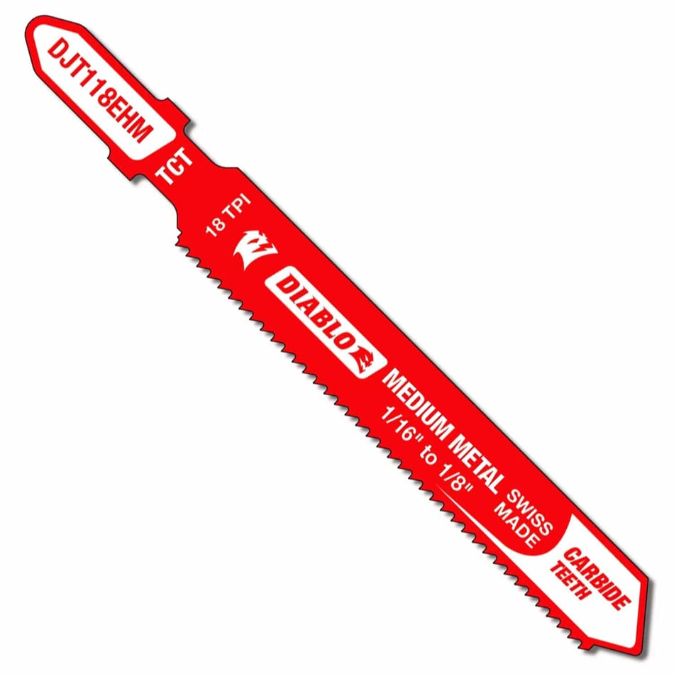 Individual Diablo DJT118EHM carbide T-shank jig saw blade for medium metal featuring 18 TPI carbide teeth and a red body for superior durability in stainless steel.