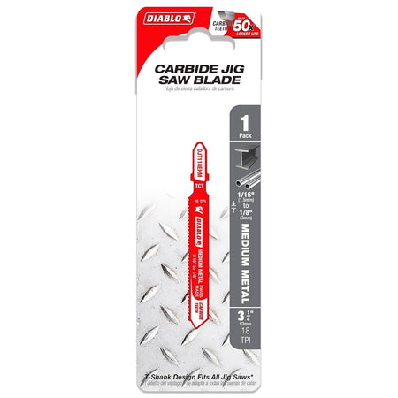 Retail packaging for the Diablo DJT118EHM 3-1/4 inch carbide jig saw blade highlighting 50X longer life, 18 TPI, and suitability for medium metals 1/16 to 1/8 inch thick.