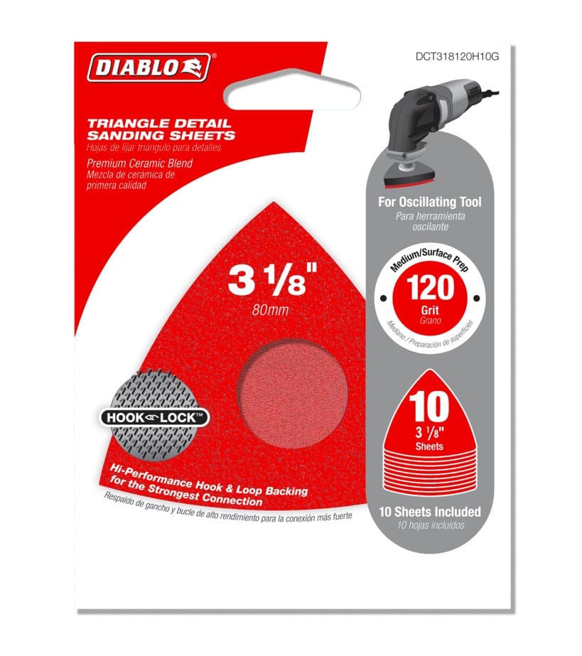 Retail packaging for the Diablo 10-pack of 120-grit medium triangular detail sanding sheets highlighting the Hook and Lock backing and oscillating tool compatibility.