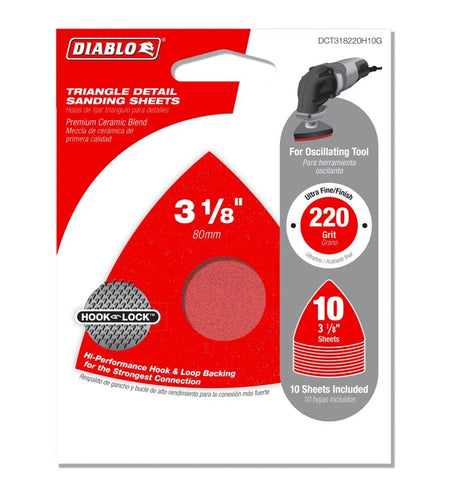 Retail packaging for the Diablo 10-pack of 220-grit ultra-fine triangular detail sanding sheets highlighting the Hook and Lock backing and oscillating tool compatibility.