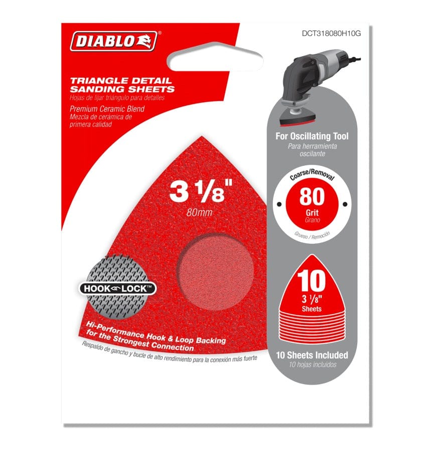 Retail packaging for the Diablo 10-pack of 80-grit coarse triangular detail sanding sheets highlighting the premium ceramic blend and oscillating tool compatibility.