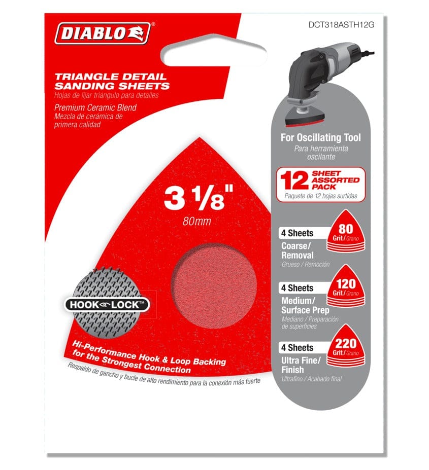 Retail packaging for the Diablo 12-pack assorted triangular detail sanding sheets containing multi-grade 80, 120, and 220 grit for coarse to ultra-fine finishing.