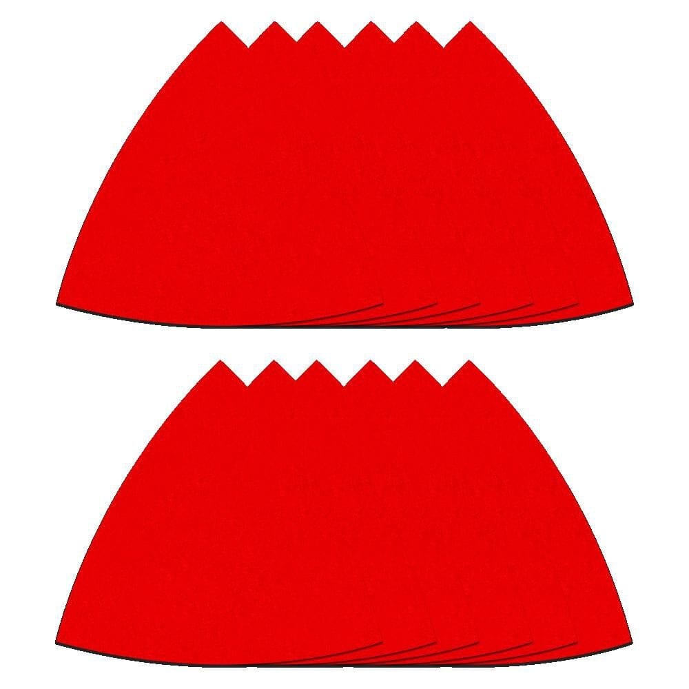 Spread of twelve Diablo 3-1/8 inch triangular sanding sheets showing the complete assorted set of 80-grit, 120-grit, and 220-grit ceramic blend abrasives.