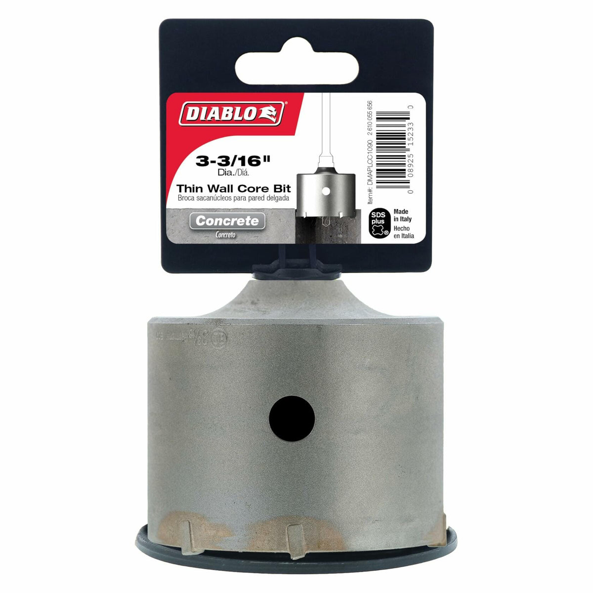 The Diablo 3-3/16 inch SDS-Plus carbide thin wall core bit for concrete drilling, shown attached to its retail cardboard backing, highlighting its diameter and SDS-Plus shank compatibility.