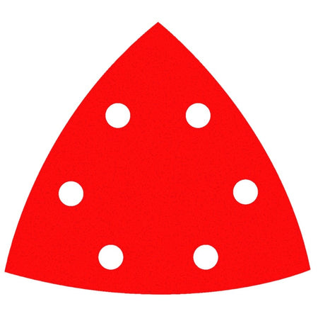 Individual Diablo 3-3/4 inch red triangular detail sanding sheet with a six-hole dust extraction pattern and a premium 120-grit medium ceramic blend abrasive surface.
