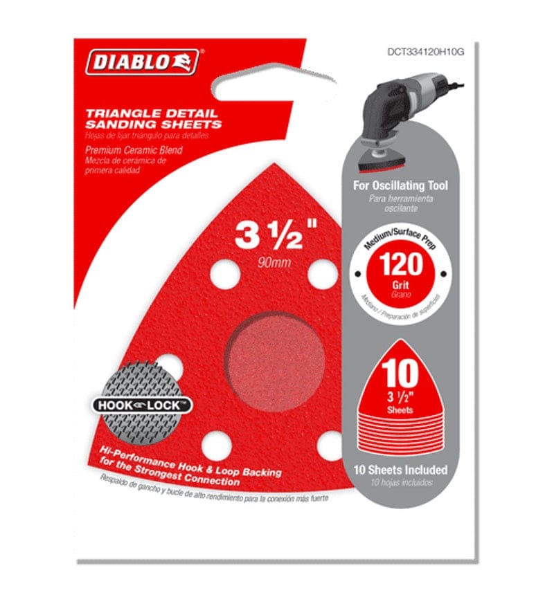 Retail packaging for the Diablo 10-pack of 120-grit medium triangular detail sanding sheets highlighting the Hook and Lock backing and oscillating tool compatibility.