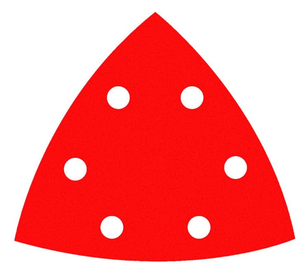 Individual Diablo 3-3/4 inch red detail triangle sanding sheet featuring a six-hole pattern for dust extraction and premium ceramic blend abrasive for ultra-fine finishing.
