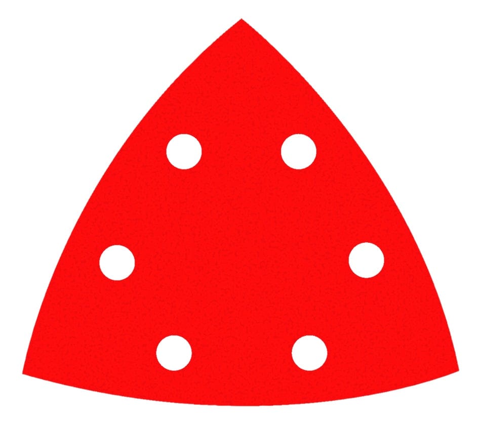 Individual Diablo 3-3/4 inch red detail triangle sanding sheet featuring a six-hole pattern for dust extraction and premium ceramic blend abrasive for ultra-fine finishing.